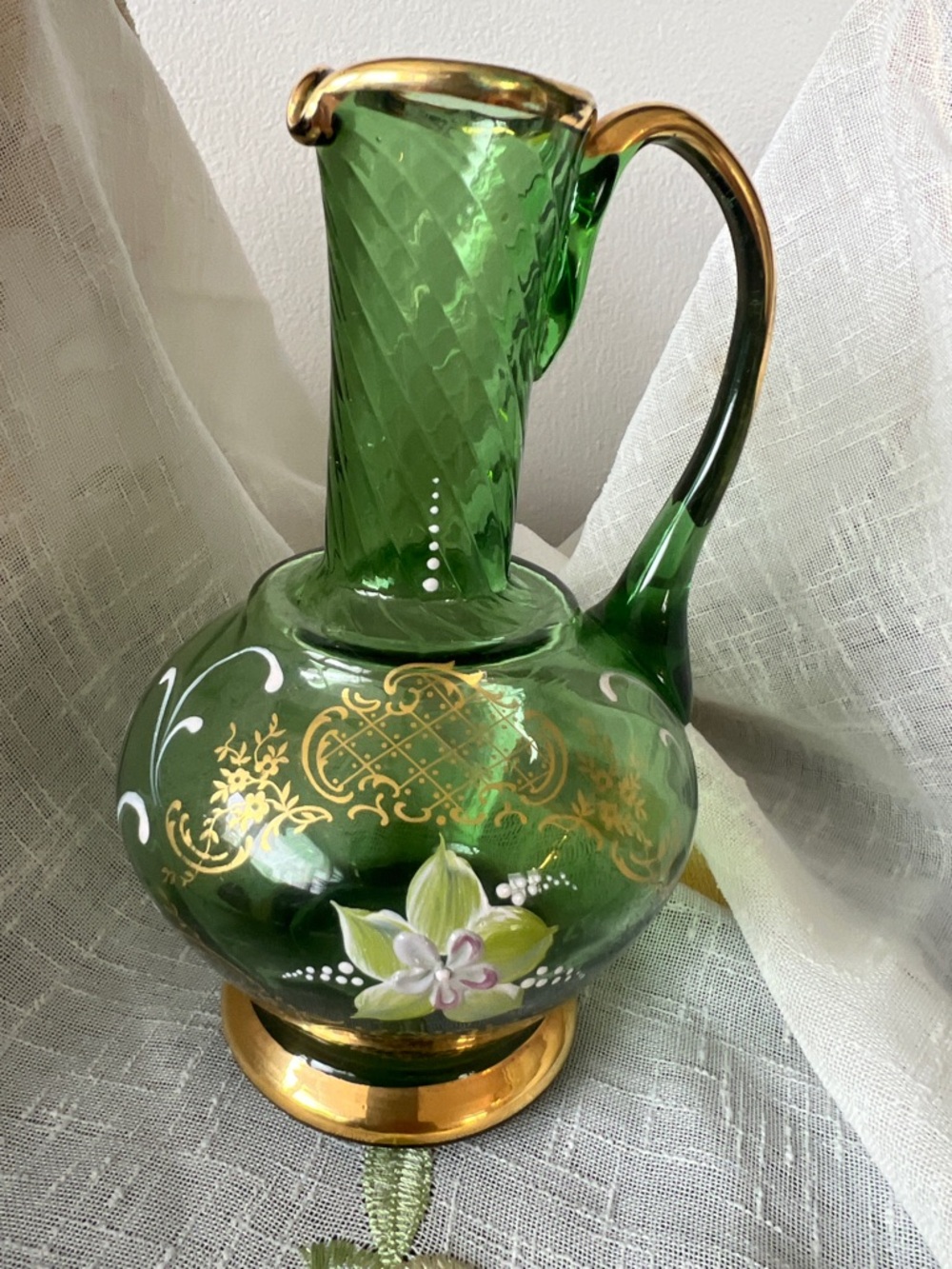 Green Glass Pitcher with Hand-Painted Gold & Floral Accent
